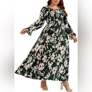 1XL SHEIN Green Floral Maxi Dress Flowy Smocked